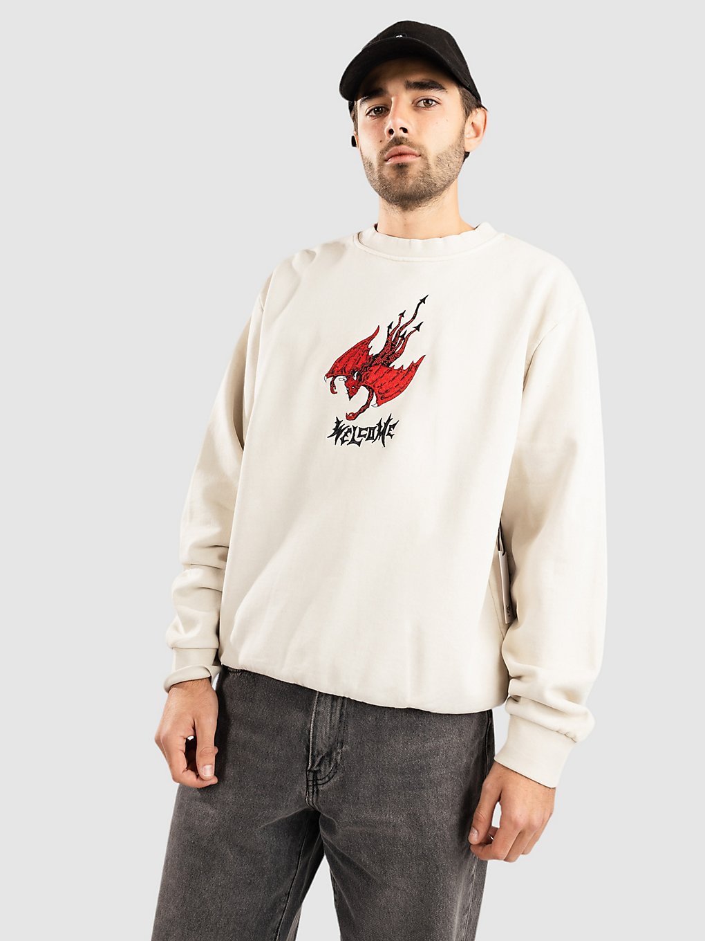 Image of Welcome Diver Pigment Dyed Embroidered Crew Felpa bianco