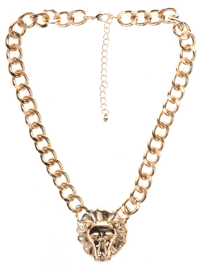 Stone and Locket Lion Head Gold Chain Necklace