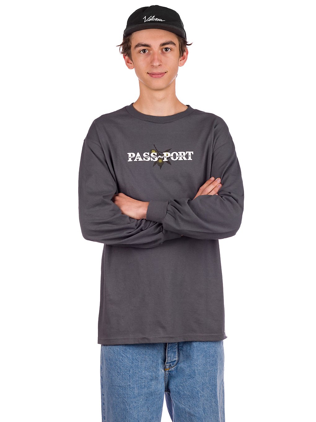 Pass Port Olive Puff Print Long Sleeve T-Shirt grå