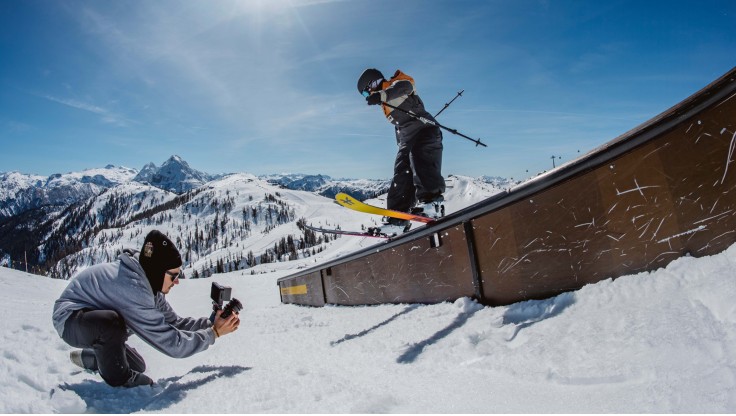 A Blue Tomato Team Rider on a rail at Nordkette